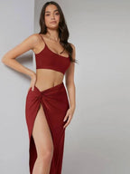Solid Crop Cami Top & Twist Waist Skirt Set Shein