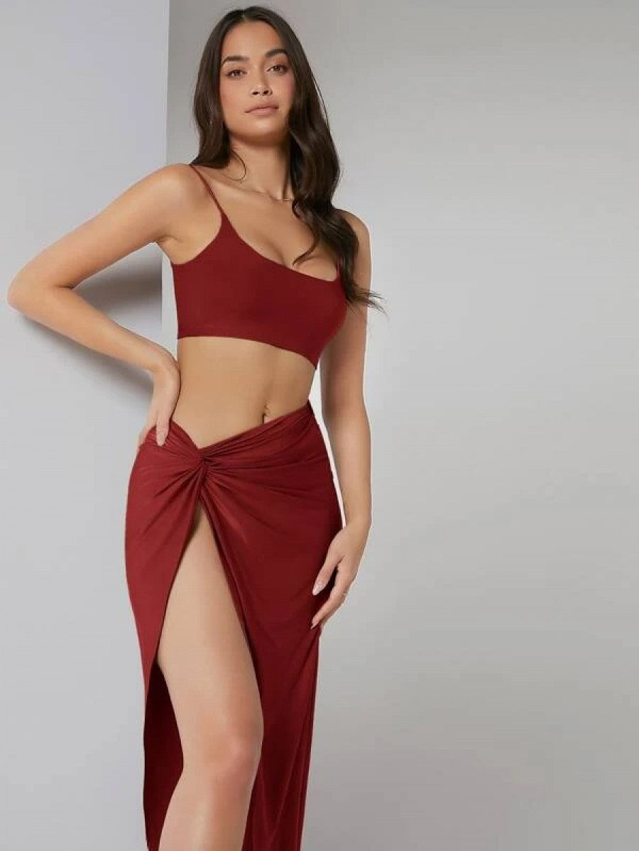 Solid Crop Cami Top & Twist Waist Skirt Set Shein