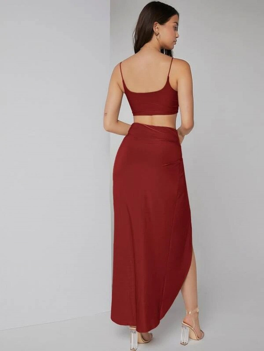 Solid Crop Cami Top & Twist Waist Skirt Set Shein
