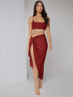 Solid Crop Cami Top & Twist Waist Skirt Set Shein