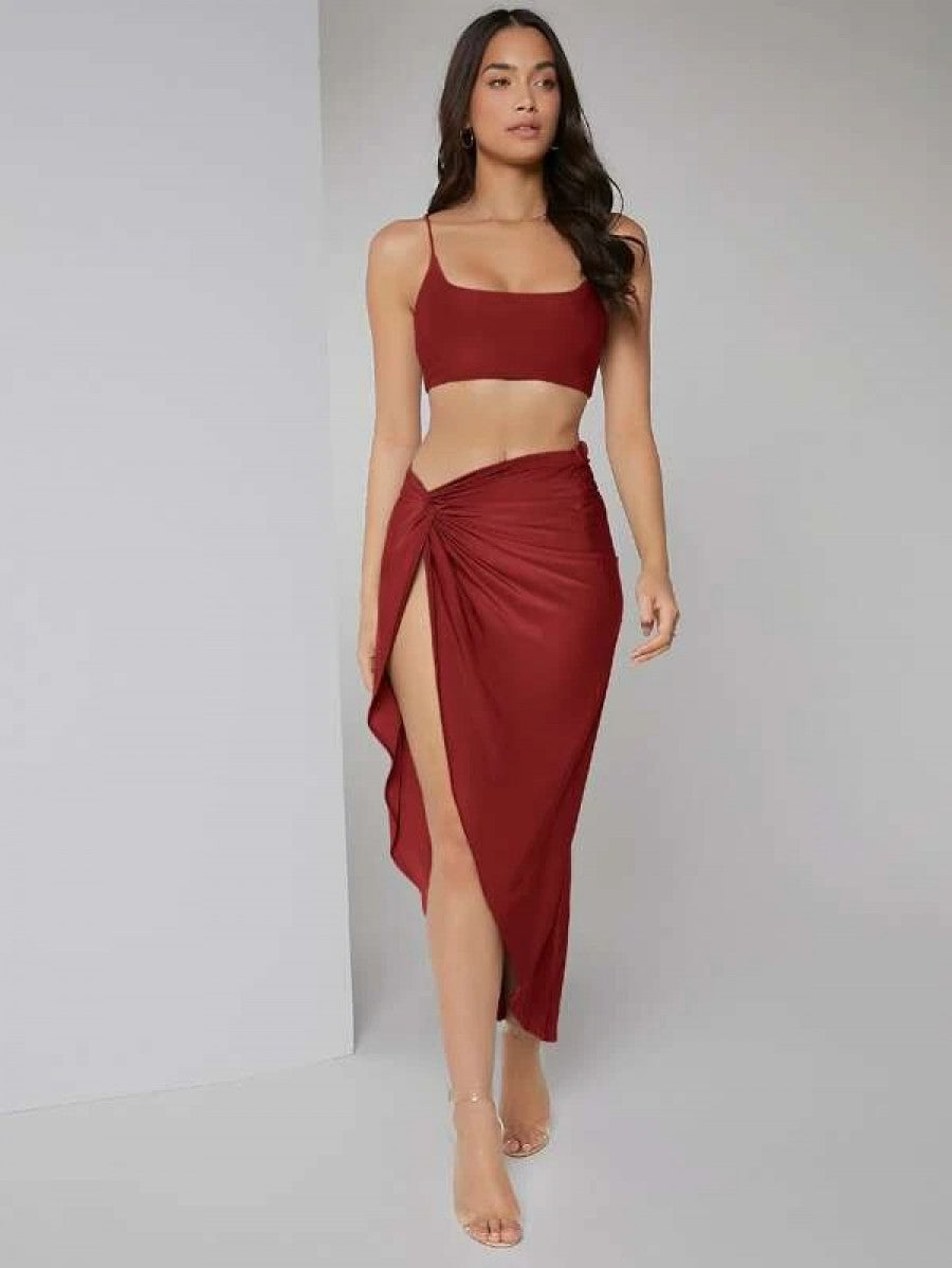 Solid Crop Cami Top & Twist Waist Skirt Set Shein