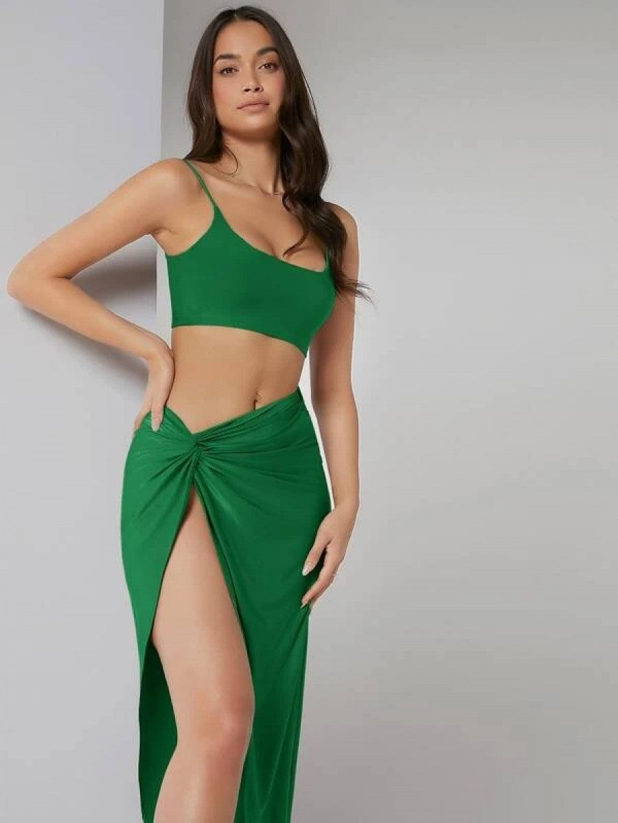 Solid Crop Cami Top & Twist Waist Skirt Set Shein