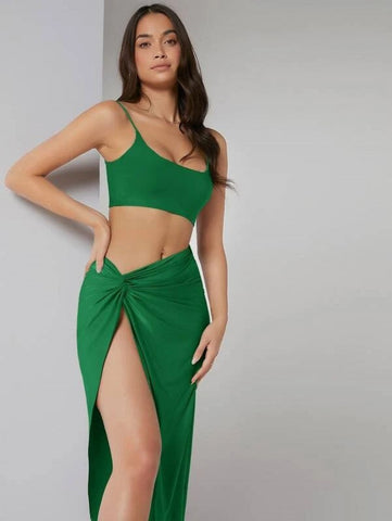 Solid Crop Cami Top & Twist Waist Skirt Set