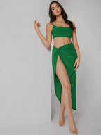 Solid Crop Cami Top & Twist Waist Skirt Set Shein