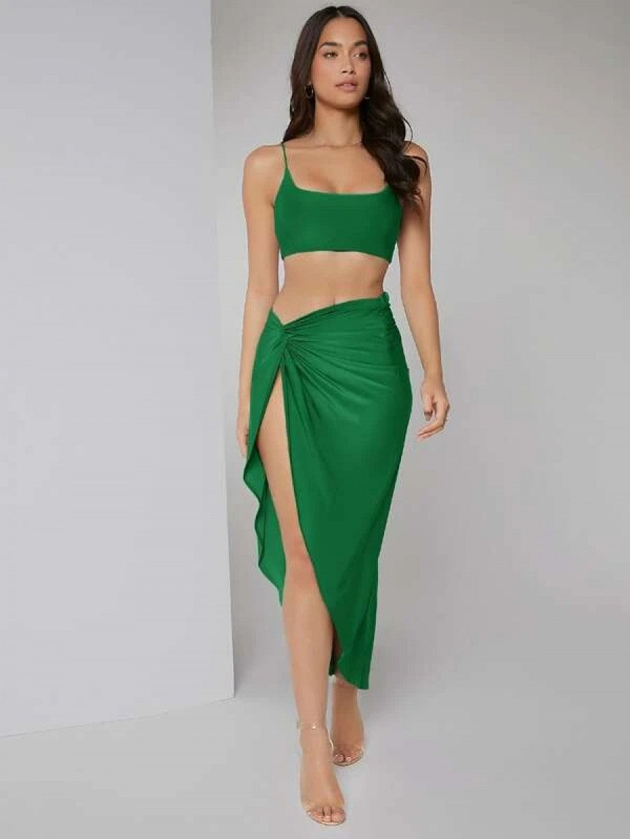 Solid Crop Cami Top & Twist Waist Skirt Set Shein