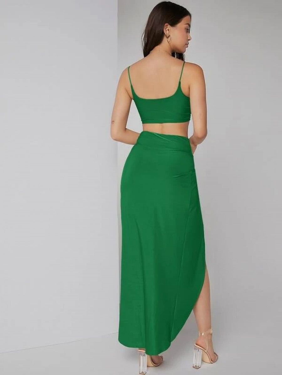 Solid Crop Cami Top & Twist Waist Skirt Set Shein