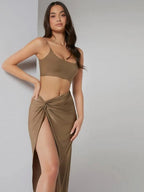 Solid Crop Cami Top & Twist Waist Skirt Set Shein