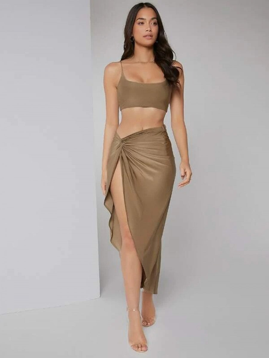Solid Crop Cami Top & Twist Waist Skirt Set Shein