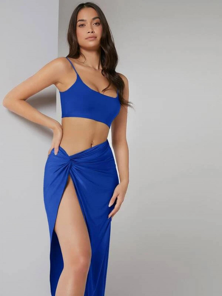 Solid Crop Cami Top & Twist Waist Skirt Set Shein