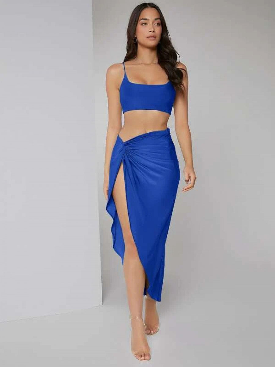 Solid Crop Cami Top & Twist Waist Skirt Set Shein