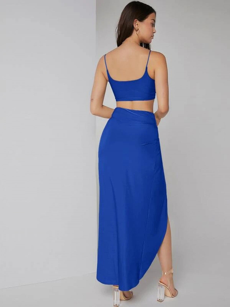 Solid Crop Cami Top & Twist Waist Skirt Set Shein