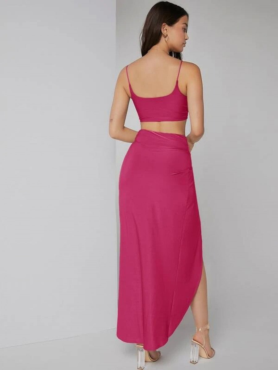 Solid Crop Cami Top & Twist Waist Skirt Set Shein