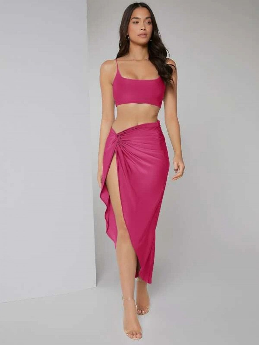 Solid Crop Cami Top & Twist Waist Skirt Set Shein