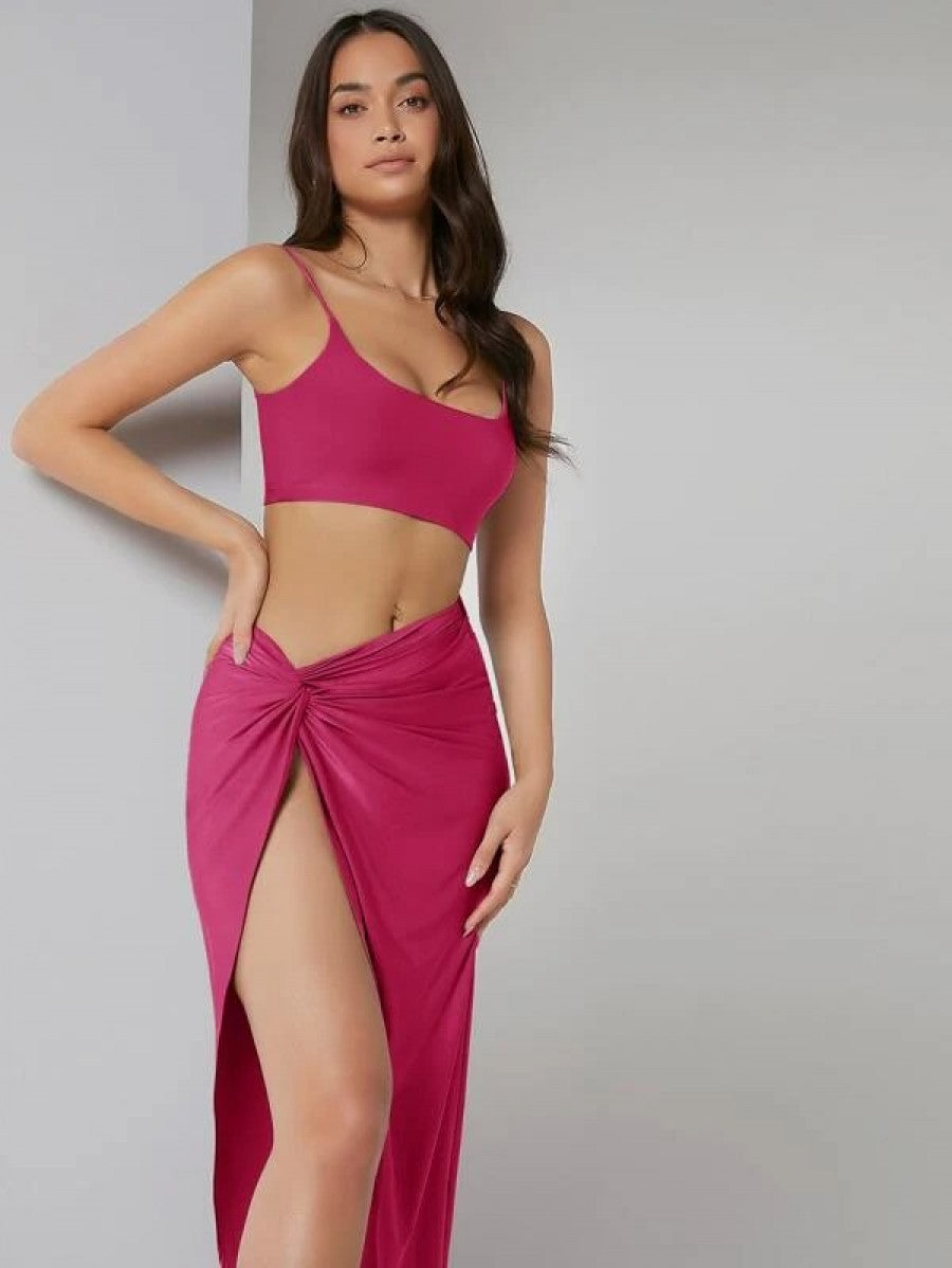 Solid Crop Cami Top & Twist Waist Skirt Set Shein