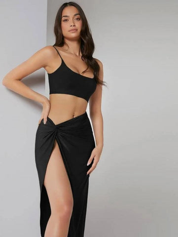 Solid Crop Cami Top & Twist Waist Skirt Set