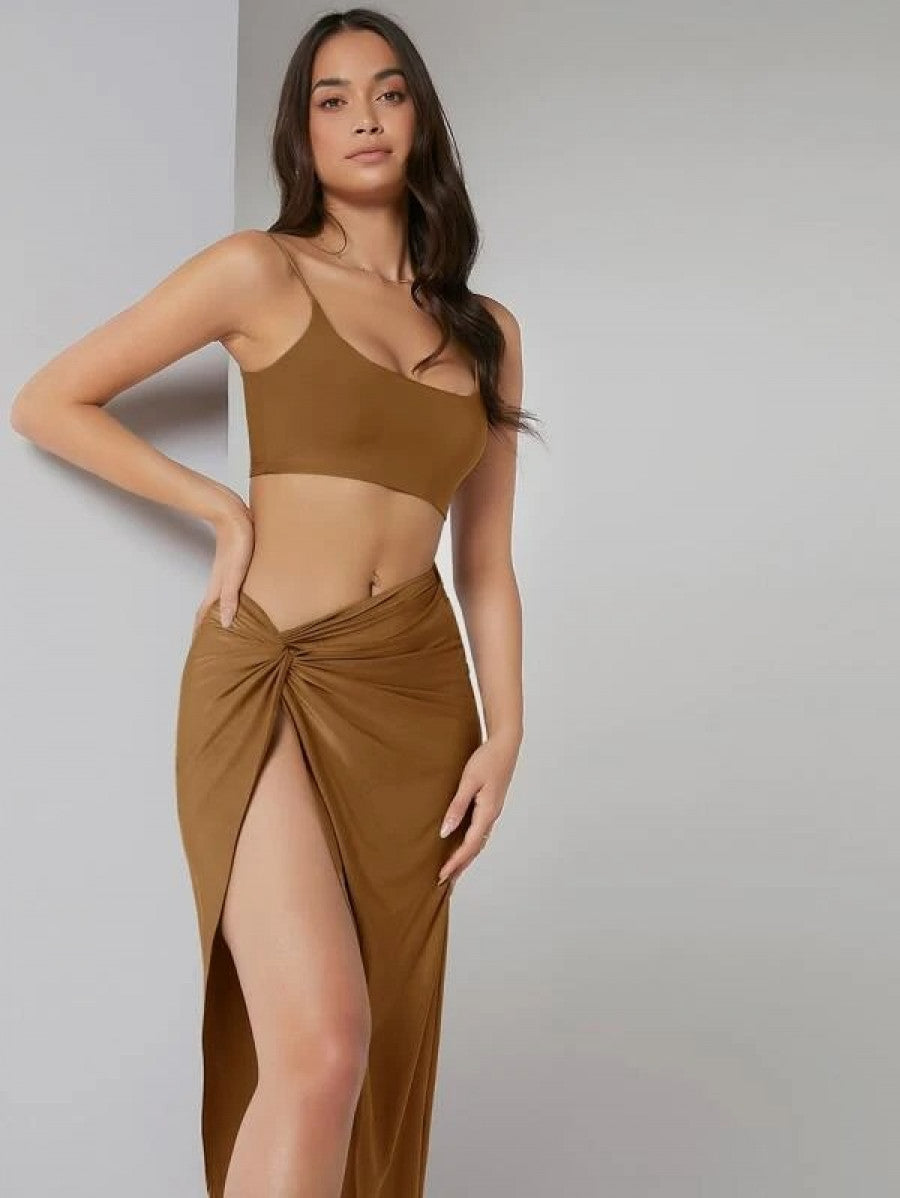 Solid Crop Cami Top & Twist Waist Skirt Set