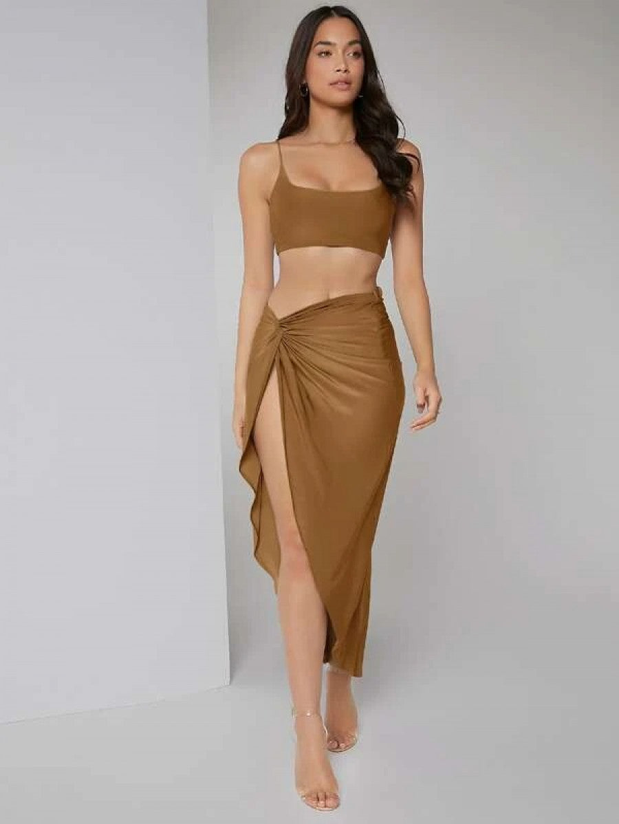 Solid Crop Cami Top & Twist Waist Skirt Set Shein