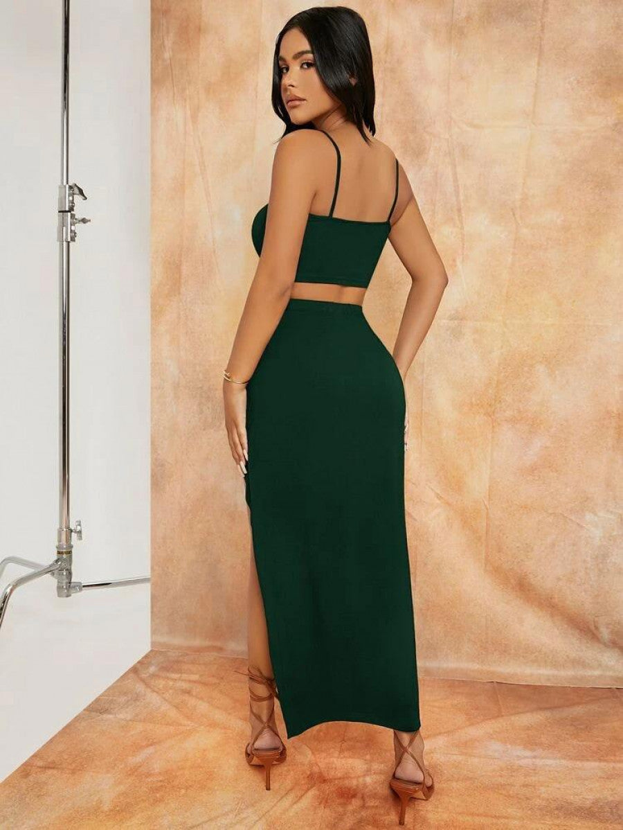 SXY Solid Crop Cami Top & Split Thigh Skirt Set