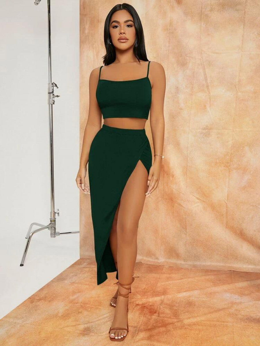 SXY Solid Crop Cami Top & Split Thigh Skirt Set Shein