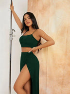 SXY Solid Crop Cami Top & Split Thigh Skirt Set Shein