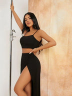 SXY Solid Crop Cami Top & Split Thigh Skirt Set Shein