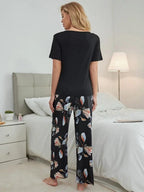 Short Sleeve Tee & Plants Print Bow Front Pants PJ Set Shein