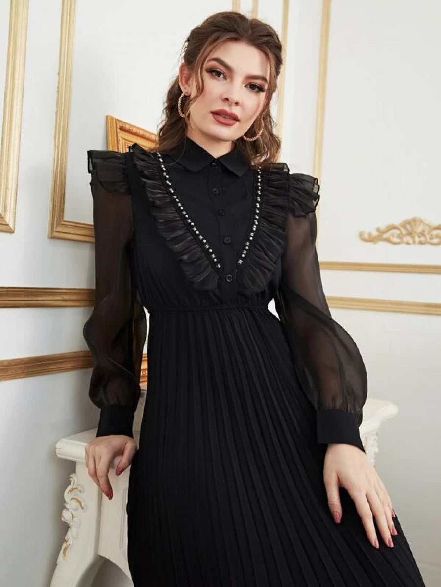 Contrast Mesh Ruffle Trim Pleated Hem Dress