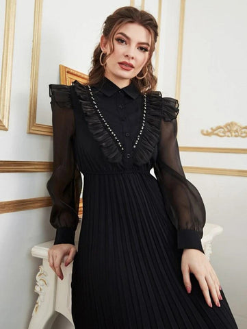 Contrast Mesh Ruffle Trim Pleated Hem Dress
