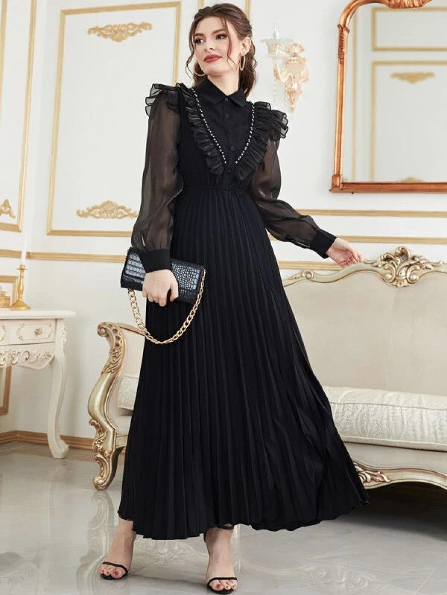 Contrast Mesh Ruffle Trim Pleated Hem Dress