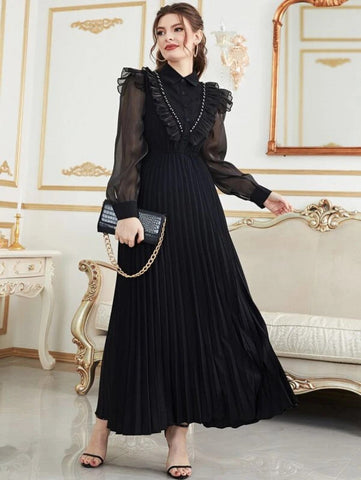 Contrast Mesh Ruffle Trim Pleated Hem Dress