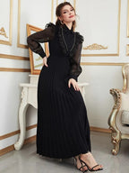 Contrast Mesh Ruffle Trim Pleated Hem Dress Shein