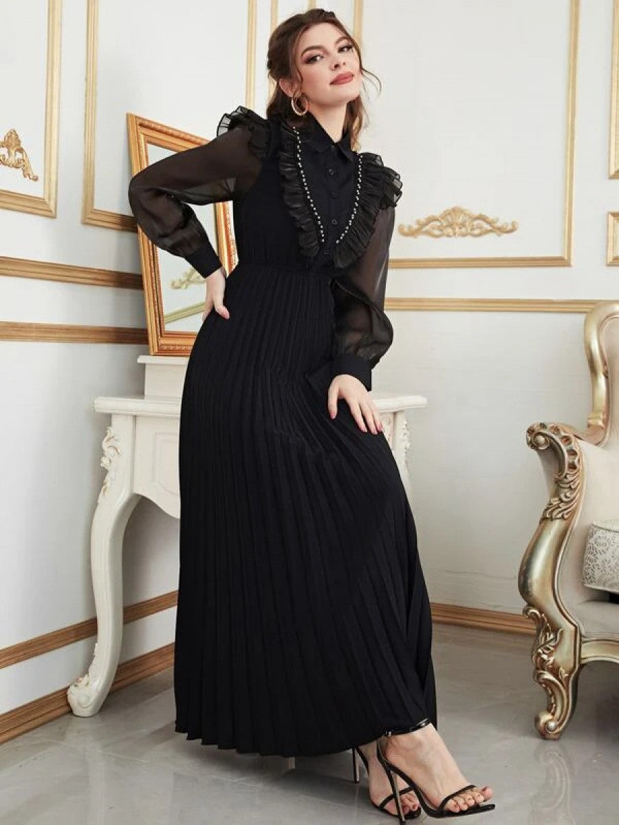Contrast Mesh Ruffle Trim Pleated Hem Dress Shein