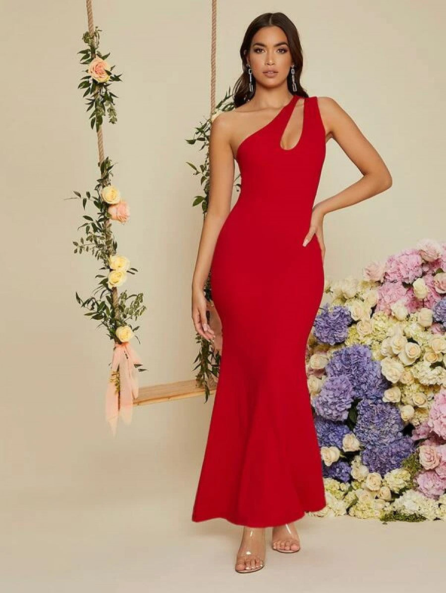 One Shoulder Solid Mermaid Dress Shein
