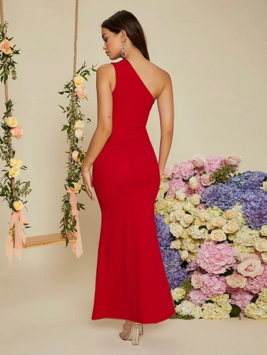 One Shoulder Solid Mermaid Dress Shein