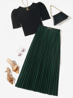 Solid Rib Knit Crop Tee & Pleated Skirt Shein