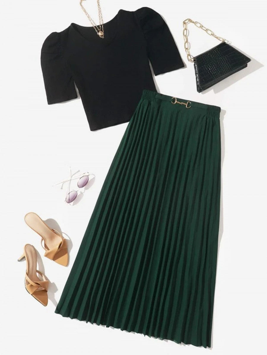 Solid Rib Knit Crop Tee & Pleated Skirt Shein