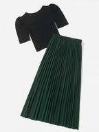 Solid Rib Knit Crop Tee & Pleated Skirt Shein