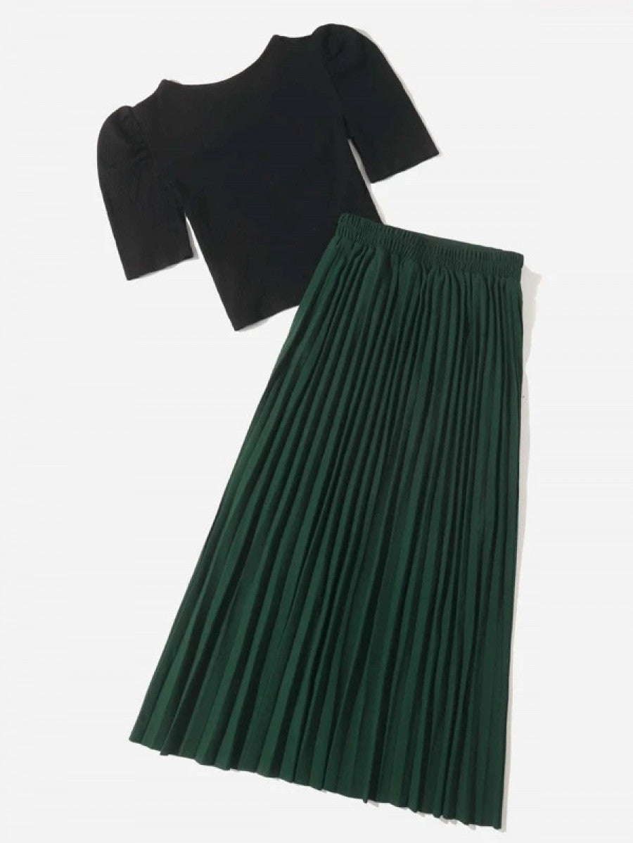 Solid Rib Knit Crop Tee & Pleated Skirt Shein