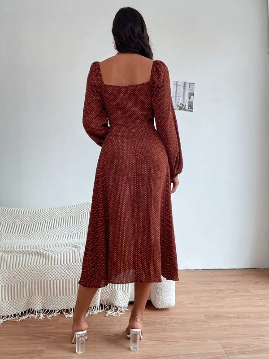 Polka Dot Print Knot Front Lantern Sleeve Dress Shein