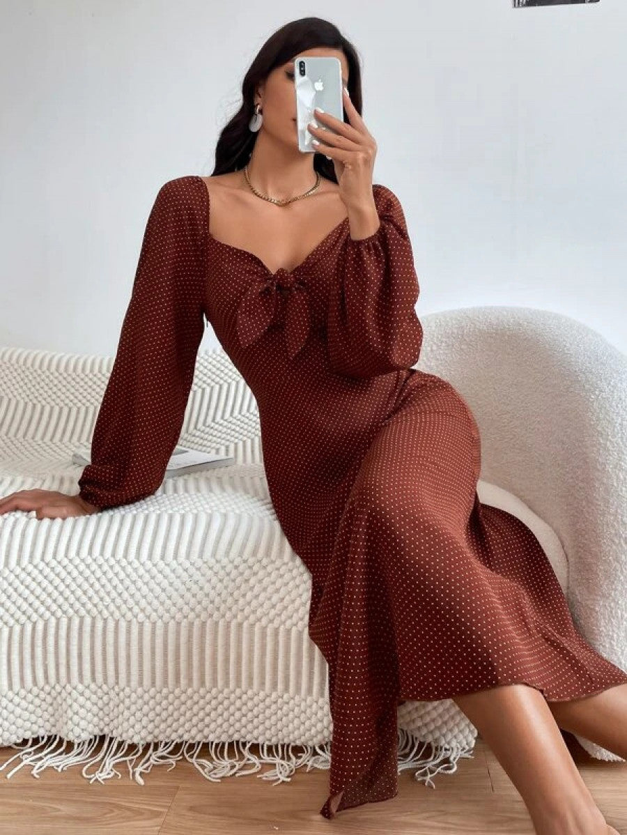 Polka Dot Print Knot Front Lantern Sleeve Dress