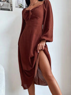Polka Dot Print Knot Front Lantern Sleeve Dress Shein