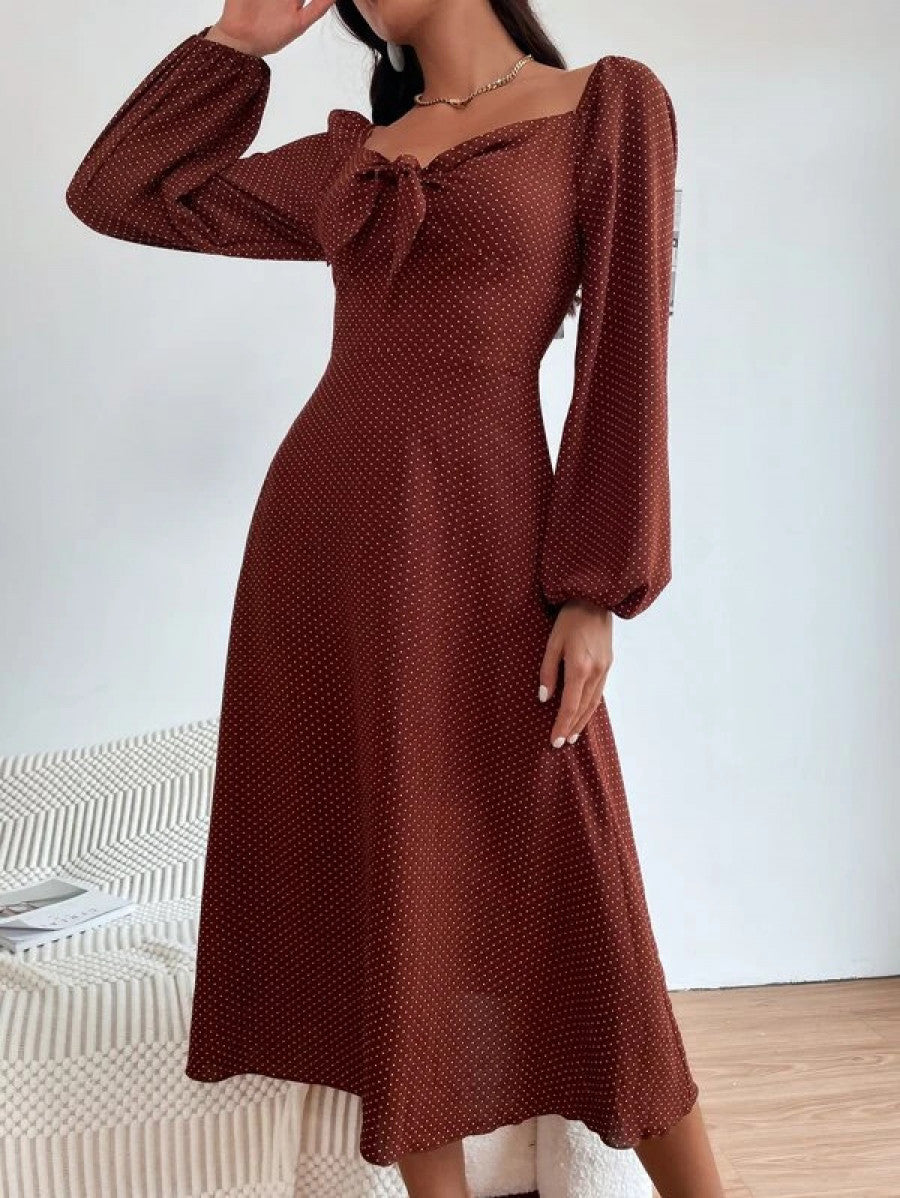 Polka Dot Print Knot Front Lantern Sleeve Dress Shein