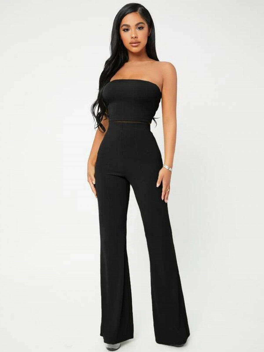 SXY Crop Tube Top & Flare Leg Pants Set Shein