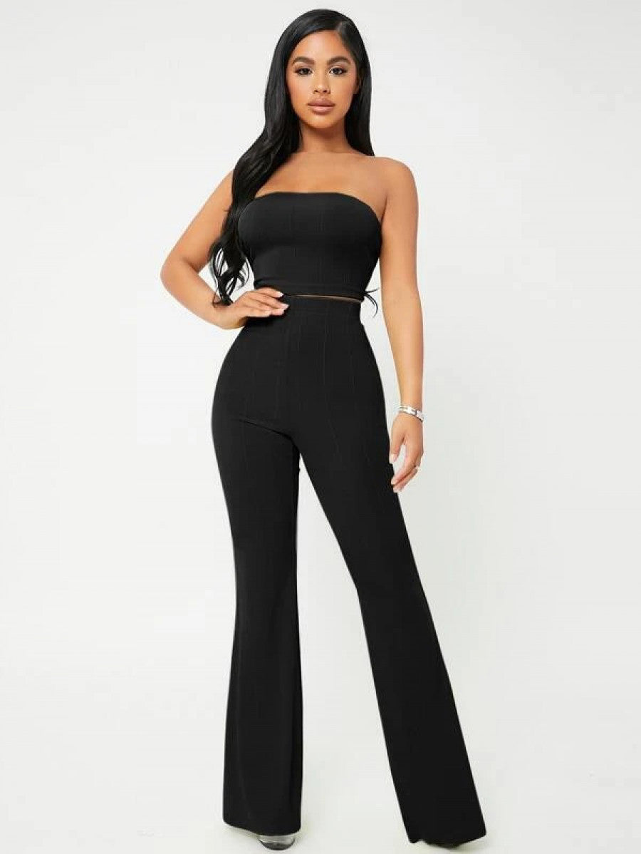 SXY Crop Tube Top & Flare Leg Pants Set Shein
