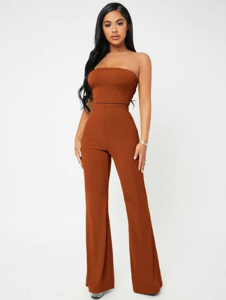 SXY Crop Tube Top & Flare Leg Pants Set Shein