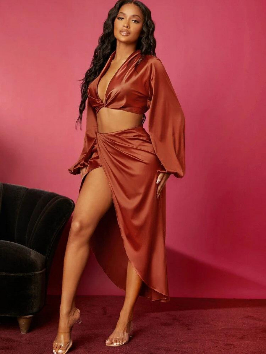 Solid Lantern Sleeve Twist Top & Zipper Back Wrap Skirt Set Shein