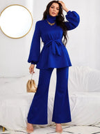 High Neck Lantern Sleeve Belted Top & Flare Leg Pants Shein