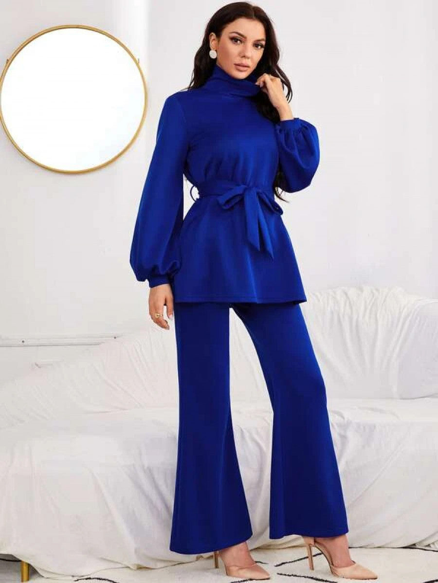 High Neck Lantern Sleeve Belted Top & Flare Leg Pants Shein