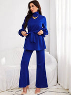 High Neck Lantern Sleeve Belted Top & Flare Leg Pants Shein