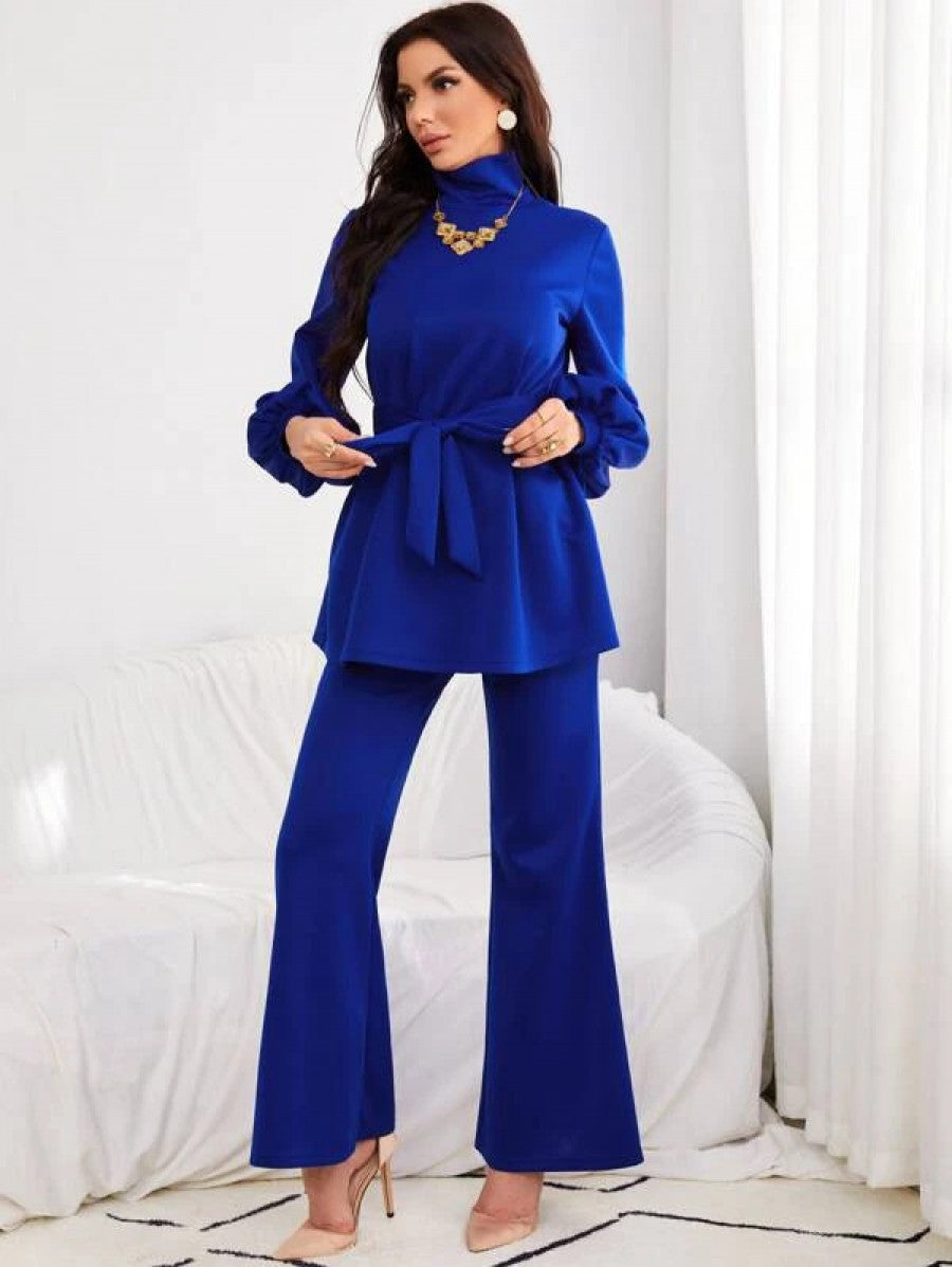 High Neck Lantern Sleeve Belted Top & Flare Leg Pants Shein